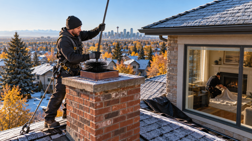 Professional chimney sweep cleaning a Calgary home chimney before winter