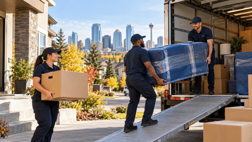 Professional movers loading furniture and boxes into a truck in Calgary