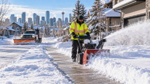 Snow removal crew clearing a Calgary driveway and sidewalk